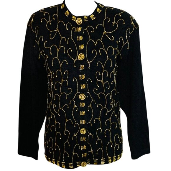 Victoria Harbour Petite PM Black Cardigan Sweater Gold Bead Embroidery Buttons - Picture 9 of 9